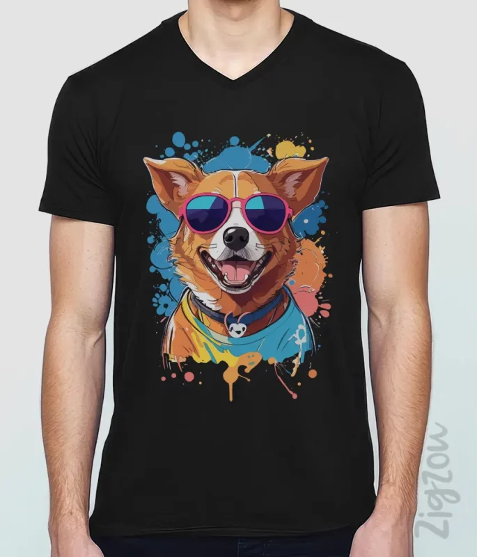 Kolorowy Pies w Okularach Słonecznych druk koszulek z dekoltem v-neck