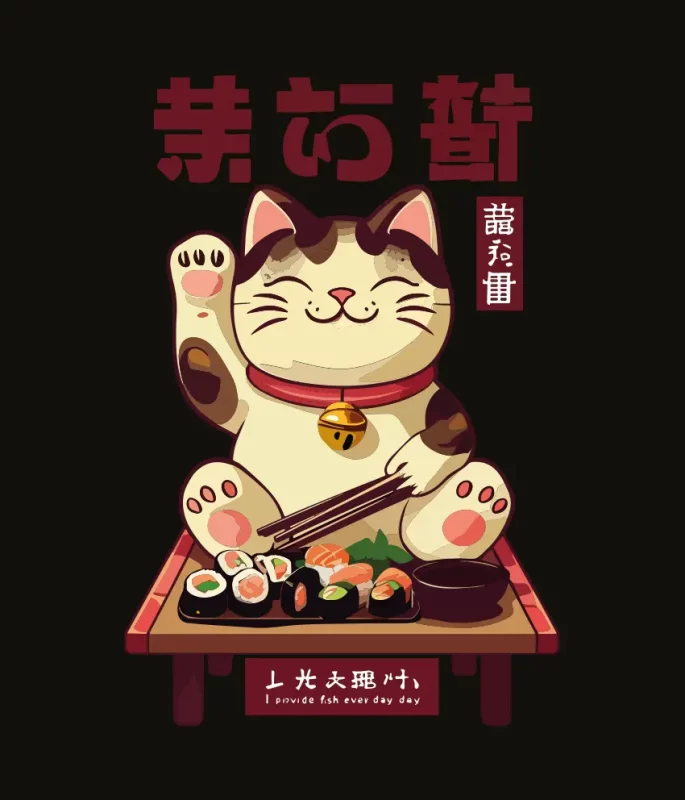 drukowana koszulka z długim rękawem Japoński Kotek i Sushi
