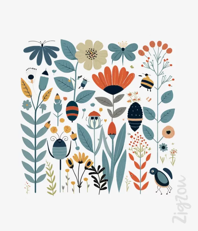 t-shirt z nadrukiem botaniczna mozaika