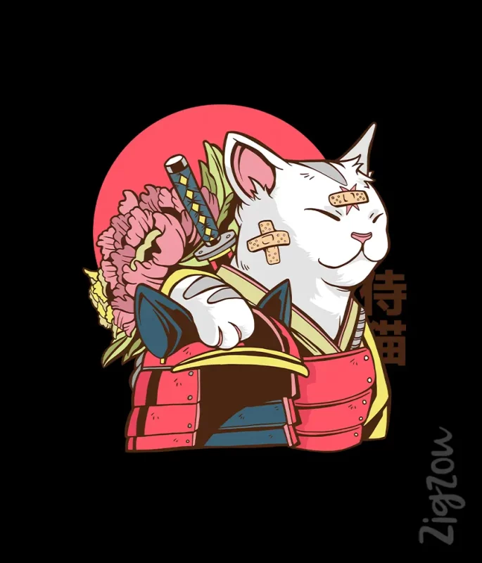 Nadruk na t-shirt - Japoński kot samuraj