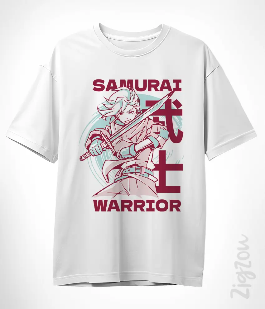 ANM-005-O biały Samurai Warrior t-shirt oversize z nadrukiem wojownik samuraj