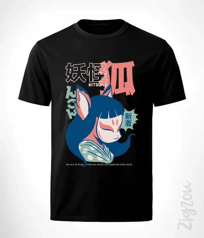 Kitsune yokai koszulka męska z nadrukiem japońskiego lisa anime manga