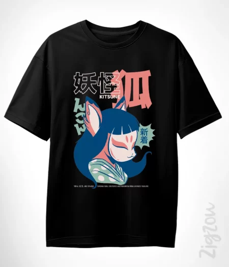 Kitsune yokai t-shirt oversize z nadrukiem japońskiego lisa anime manga