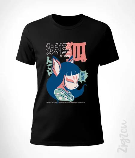 Kitsune yokai koszulka damska z nadrukiem japońskiego lisa anime manga