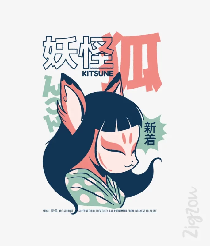 Kitsune yokai nadruk na t-shirt japoński lis anime manga