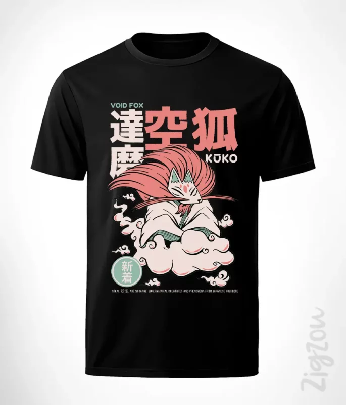 Kuko Yokai niebiański lis anime - koszulka męska z nadrukiem z japońskiej mitologii i legend