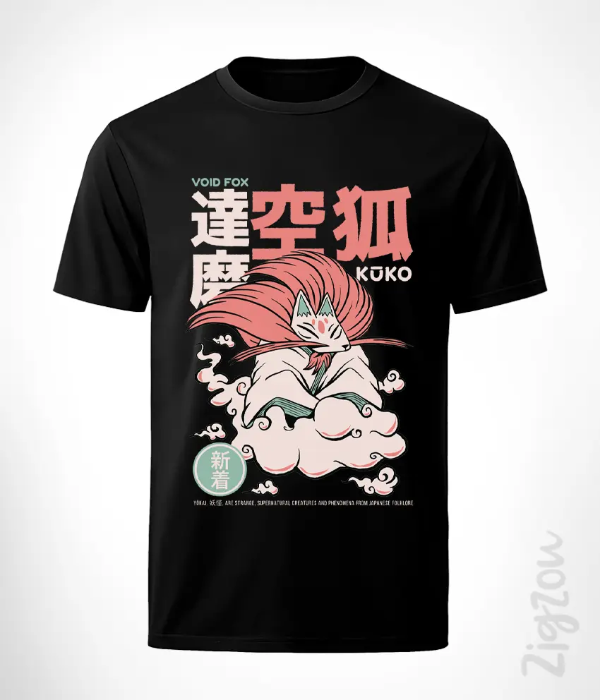 ANM-012-M czarny Kuko Yokai niebiański lis anime - koszulka męska z nadrukiem z japońskiej mitologii i legend