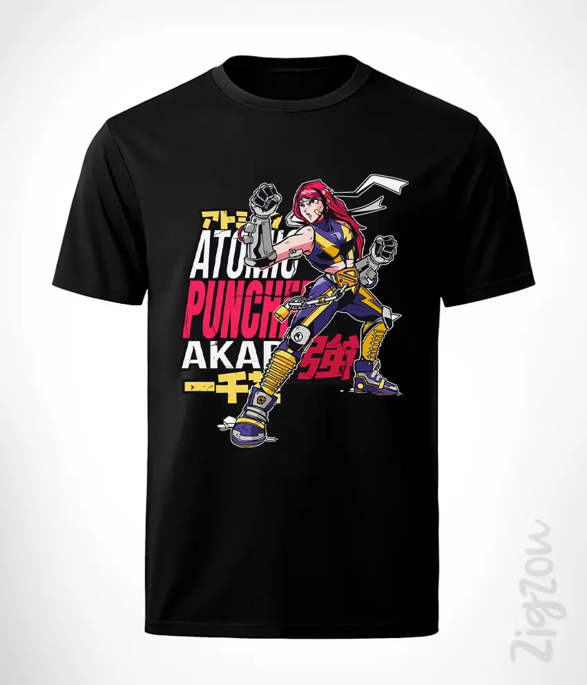 ANM-015-M czarny Akari Watanabe Atomic Puncher - koszulka męska w stylu anime manga