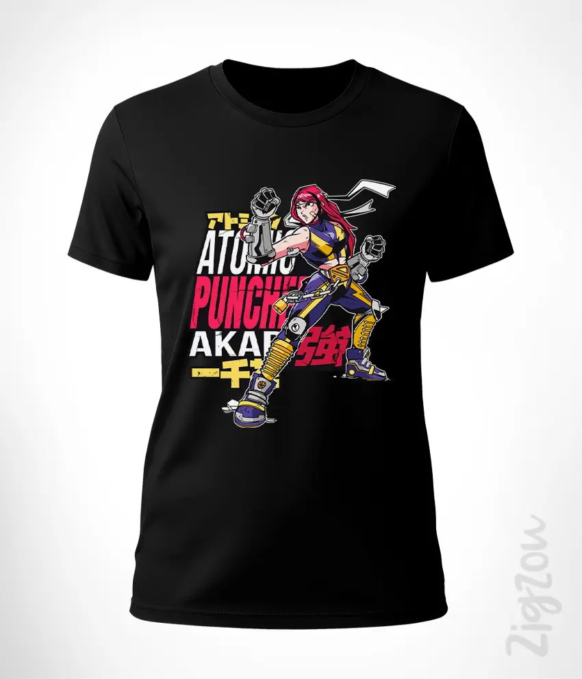 ANM-015-W czarny Akari Watanabe Atomic Puncher - koszulka damska w stylu anime manga