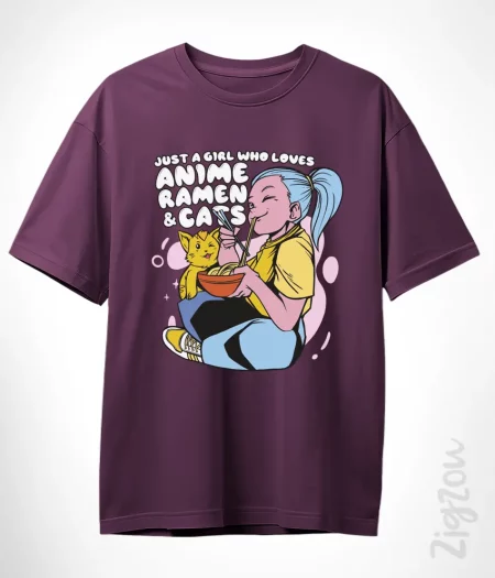 Just a girl who loves anime, ramen & cats - koszulka oversize z dowolnym nadrukiem online
