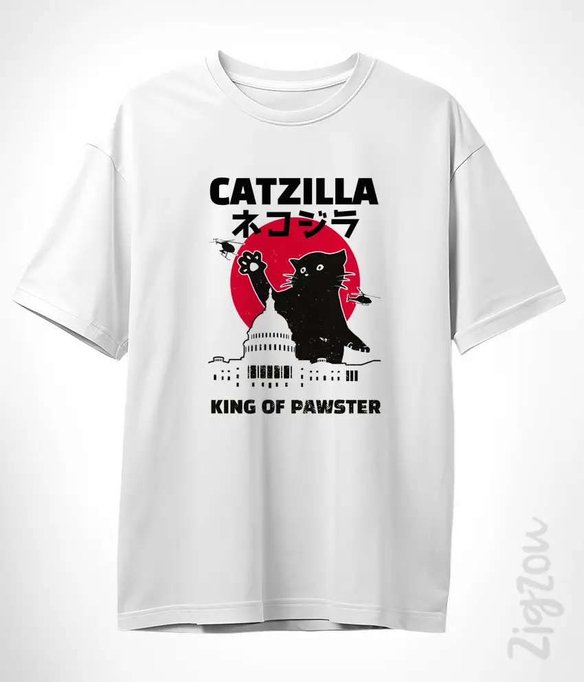 CAT-091-O bialy Catzilla king of pawster - koszulka oversize z dowolnym nadrukiem online