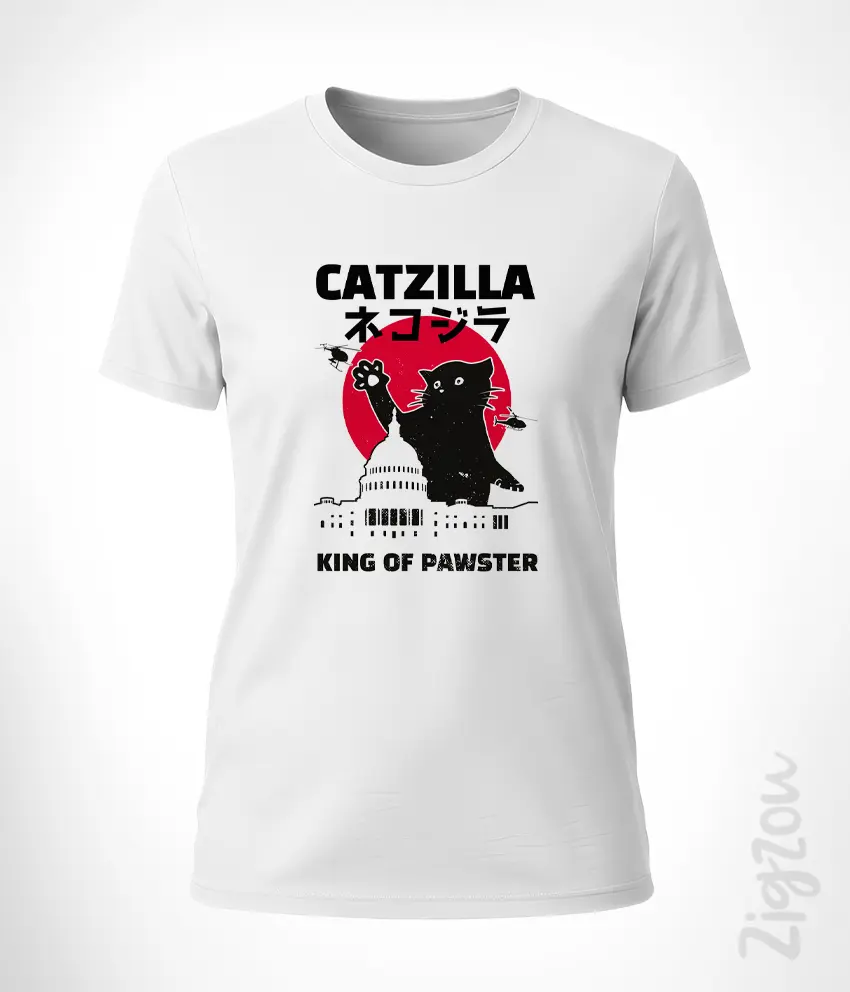 CAT-091-W bialy Catzilla king of pawster - koszulka damska z dowolnym nadrukiem online