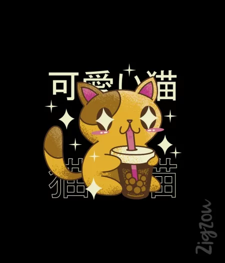 Kot pijący bubble tea - nadruk na t-shirt