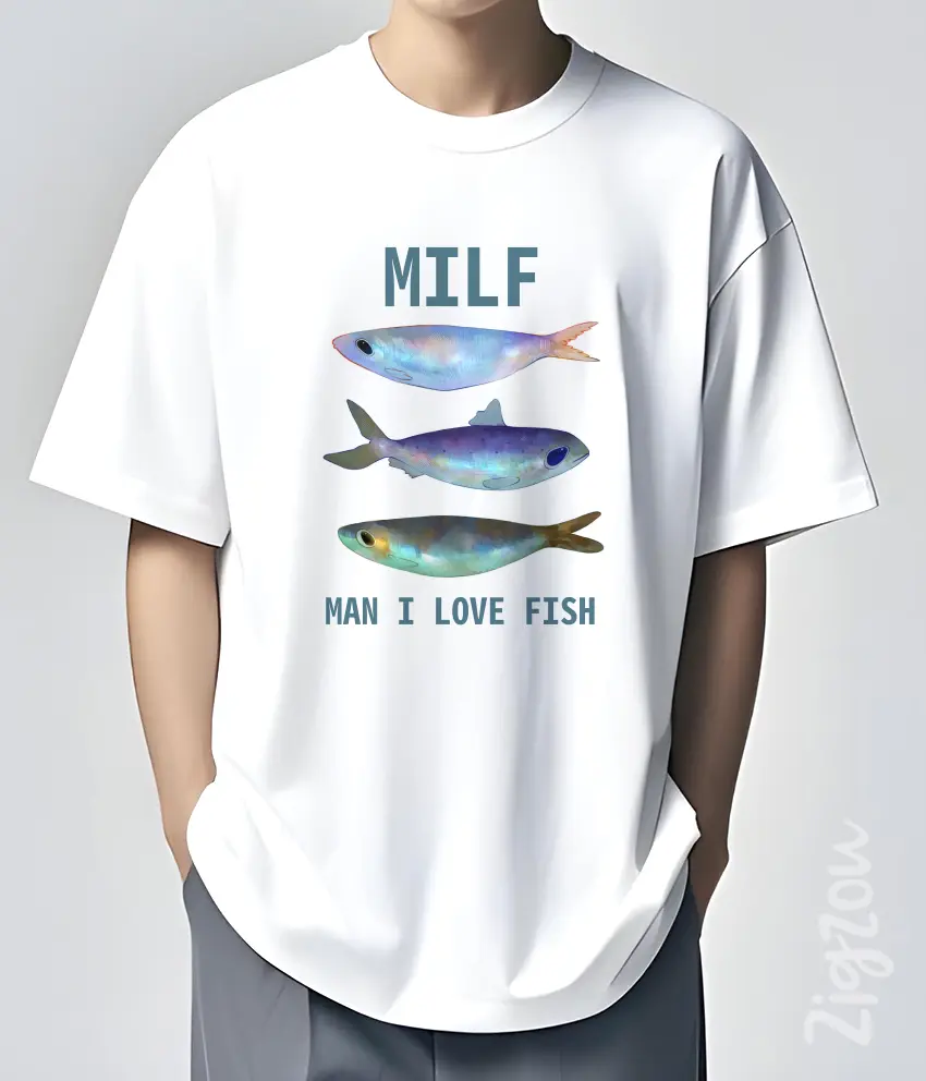 ART-009-O biała MILF Man I Love Fish - koszulka oversize z dowolnym nadrukiem online