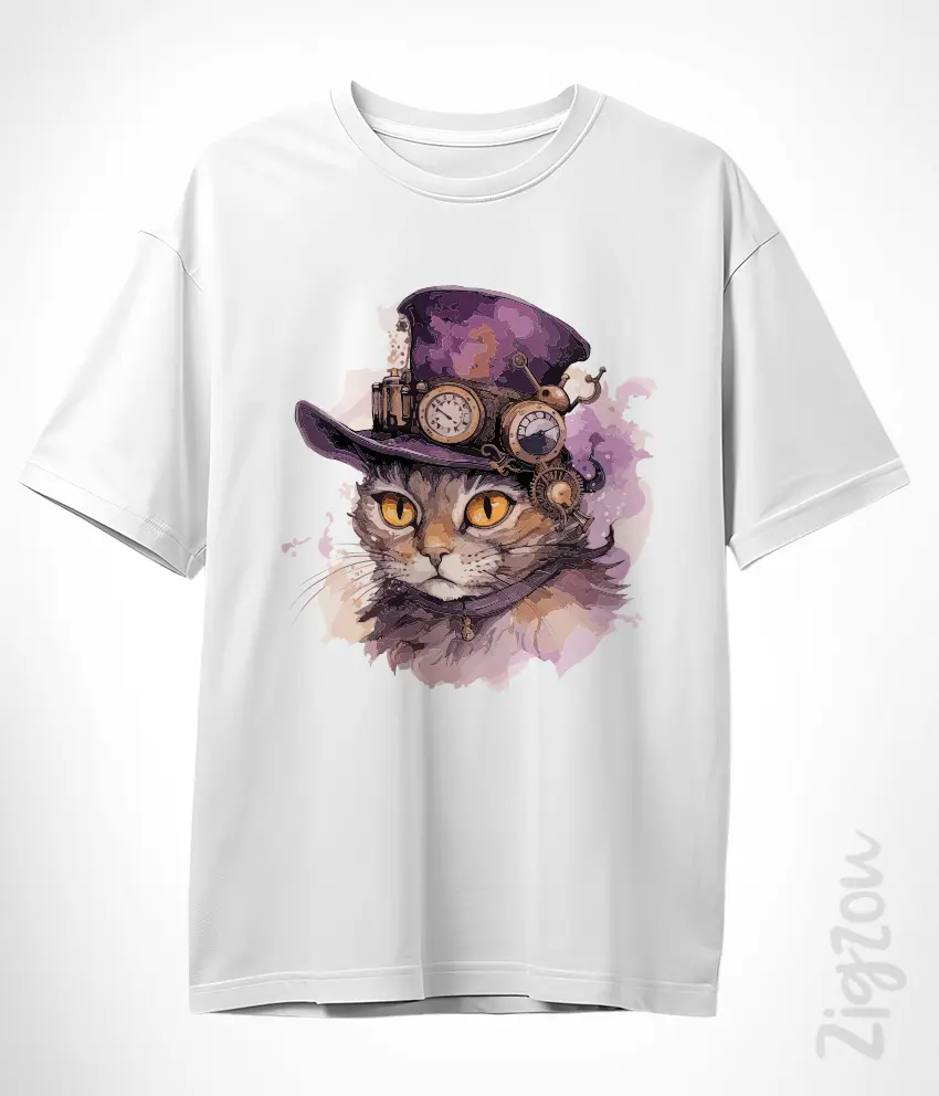 CAT-038-O biały Szykowny kot - koszulka oversize z dowolnym nadrukiem online