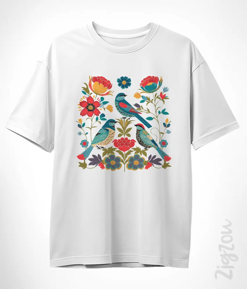 GRD-FLK-003-O biała Ptaki Folk - koszulka oversize z dowolnym nadrukiem online