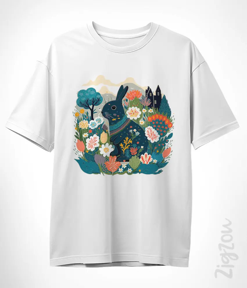 GRD-FLK-018-O biała Folkowy Królik na Łące - koszulka oversize z dowolnym nadrukiem online