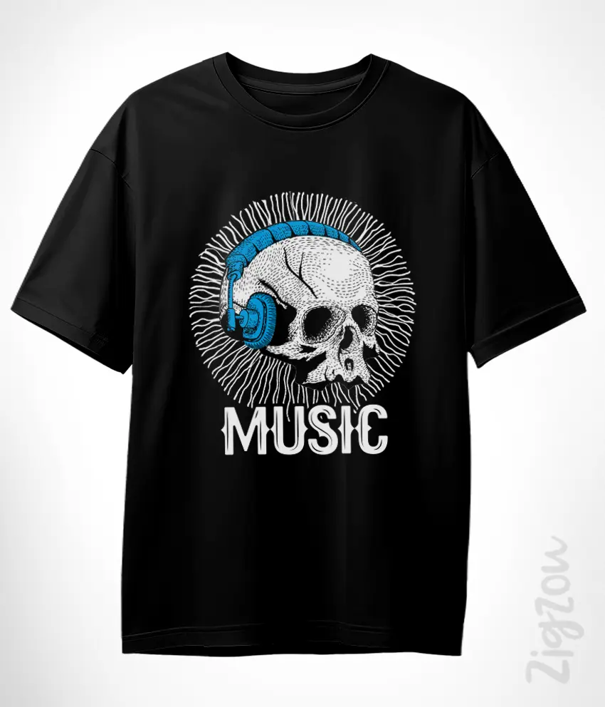 MUZ-002-O czarny Muzyczna Czaszka w Słuchawkach - koszulka oversize z dowolnym nadrukiem online