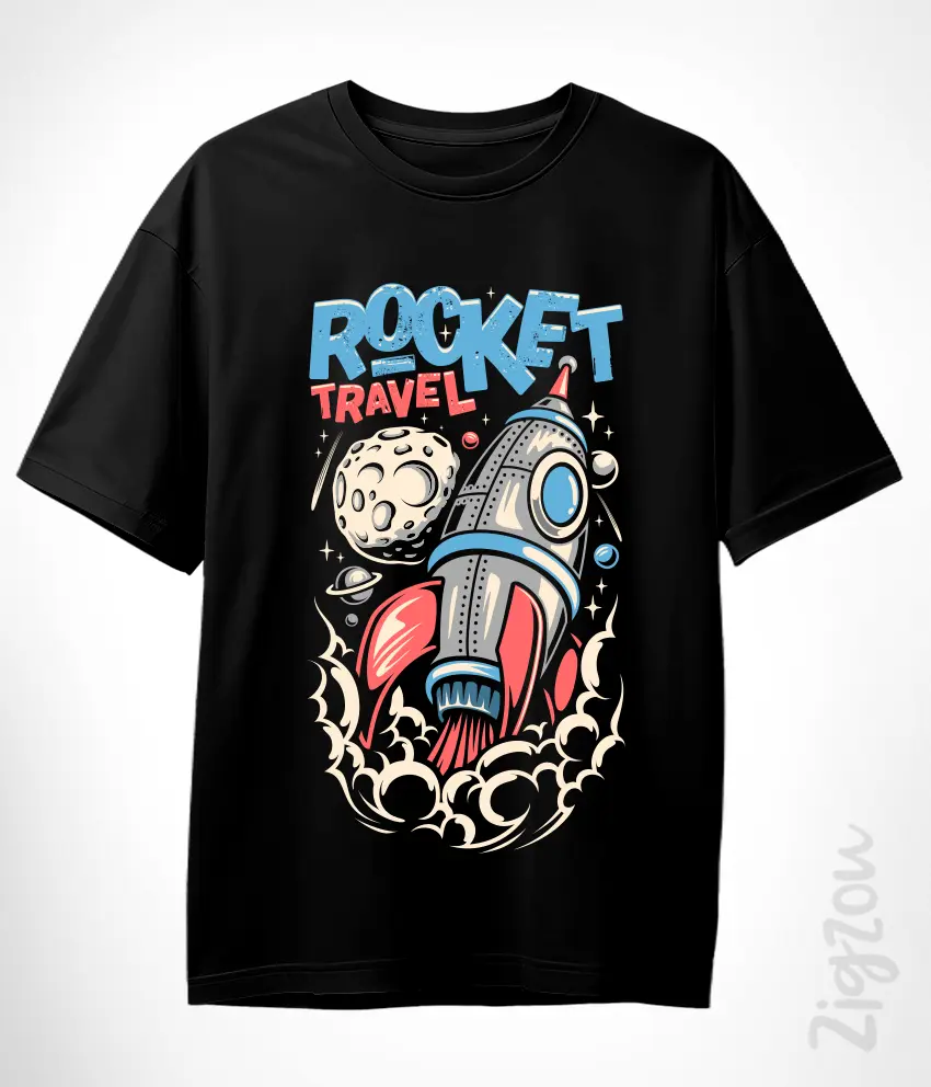 SPACE-029-O czarny Komiksowa rakieta kosmiczna - koszulka oversize z dowolnym nadrukiem online