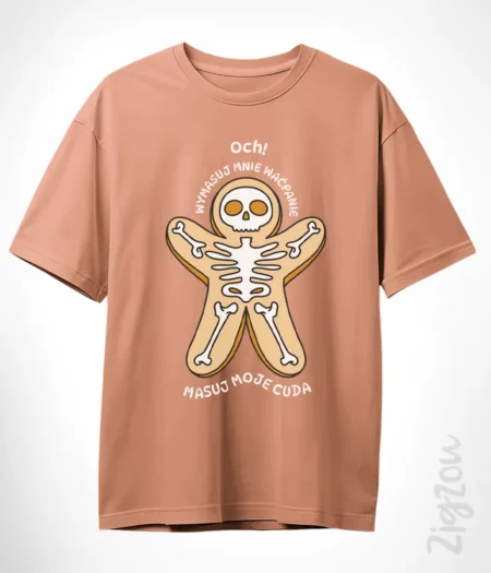 t-shirt oversize z nadrukiem Oj, wymasuj mnie Romanie, masuj moje uda - śmieszna koszulka w kolorze mocha mousse
